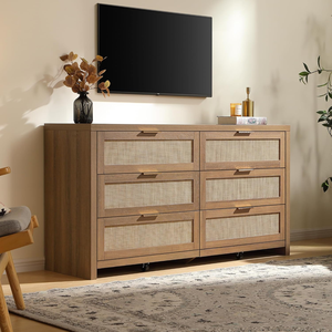 Ensemble de commode en rotin Rangement à 6 tiroirs avec poignées en rotin et or pour chambre principale ou salon - Product Image 4