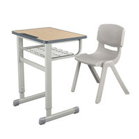 Ensemble de mobilier scolaire avec bureau réglable en hauteur en métal et bois et chaise en plastique, fourni directement par l'usine