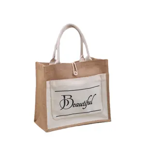 Hot Selling Reusable Natural Linen Hessian Beach Shopping Jute Tote Bag Custom Logo Printed Wholesale