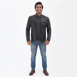 Vestes Slim en cuir enduit pour hommes avec col montant, design à capuche, style de rue personnalisé - Product Image 1