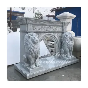 Modern hand carved natural stone fireplace lion statues carrara white marble fireplace frame surrounds for sale