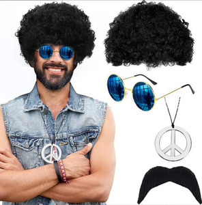 Ensemble de costume <span class=keywords><strong>hippie</strong></span> Ecowalson années 70 pour <span class=keywords><strong>homme</strong></span>, chemise <span class=keywords><strong>hippie</strong></span> noire, <span class=keywords><strong>perruque</strong></span>, lunettes de soleil, collier avec signe de paix - Product Image 3