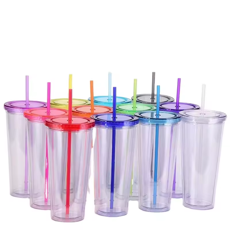 Unique Bargains Matte Style Double Wall Acrylic Straw Tumbler With Lid Apricot - View #3