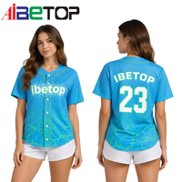 Jersey Baseball Custom Biru Hijau Motif Air dengan Nomor Berhias Rhinestone untuk Pakaian Olahraga Kasual Lengan Pendek Kancing Depan Celana Pendek