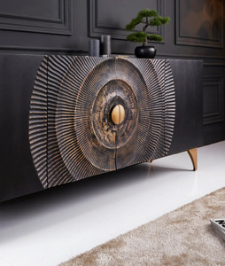 Luxury Golden Carved Mango Wood <b>Sideboard</b> 4 Doors Contemporary Design Antique Appearance <b>Metal</b> Handles Dining Room Furniture - Product Image 3