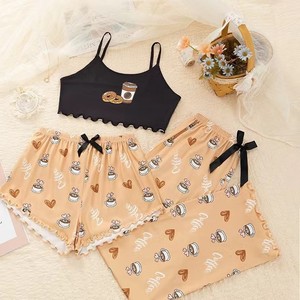Pijama <span class=keywords><strong>de</strong></span> Tres Piezas para Mujer Estilo Europeo y Americano con Pantalones con <span class=keywords><strong>Tirantes</strong></span> Estampados Ropa <span class=keywords><strong>de</strong></span> Casa Casual - Product Image 2
