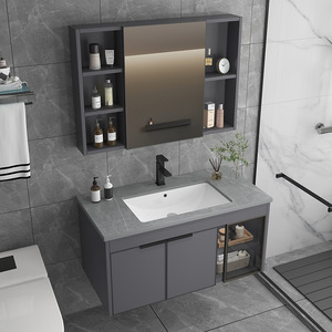 Mueble de baño con espejo LED de pantalla táctil, gabinete de baño montado en la pared con lavabo y estante de exhibición de vidrio. - Product Image 4