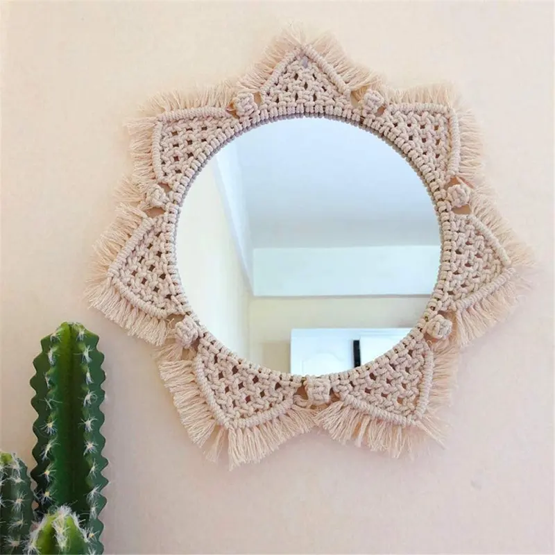 Round Antique Mirror Frame Art, Bohemian Handmade Macrame Wall Mirror