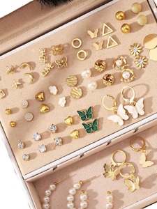 2025 New DS <span class=keywords><strong>Gold</strong></span> Mode Damen Schmuck Set Schmetterling Perle Creolen Ohr stecker Set Herz Ring Set Party Zubehör ohne Box - Product Image 5