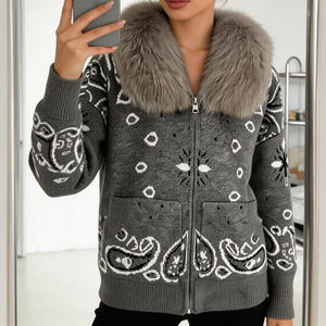 Lussuoso <span class=keywords><strong>Cardigan</strong></span> in Maglia per <span class=keywords><strong>Donna</strong></span> <span class=keywords><strong>con</strong></span> Collo in Vera Pelliccia di Volpe, Giacca <span class=keywords><strong>con</strong></span> Zip Stile Paisley Vintage, Caldo Capospalla Invernale di Lusso - Product Image 1