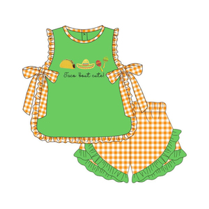 GSSO3694 Conjunto de ropa de verano para niña pequeña con estampado de comida verde, sin mangas, con lazos. - Product Image 3