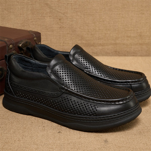 Mocassins en cuir véritable pour hommes, chaussures décontractées respirantes à bout rond, à enfiler, pour l'été - Product Image 2