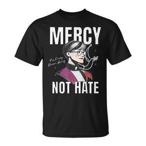 Camiseta Mercy Not Hate negra unisex con cuello redondo y manga corta con estampado digital, regalo religioso para la iglesia - Product Image 1