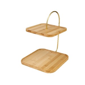 Plateau de service en bambou double couche avec support en métal doré, support de rangement polyvalent pour collations, bijoux, clés, style moderne minimaliste - Product Image 5
