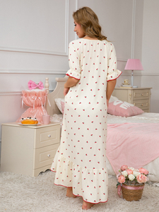 Thanh Lịch Cổ Điển Anh Đào In Dài Áo Ngủ Cho Phụ Nữ Mềm Mại Loungewear Với Ruffle Trim Cho Mùa Hè Và Mùa Thu Mặc Giản Dị - Product Image 2