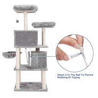 Arbre à chat gris clair avec un grand hamac, condo pour chat et grattoir, bois durable, papier sisal et fourrure, maisons pour chat