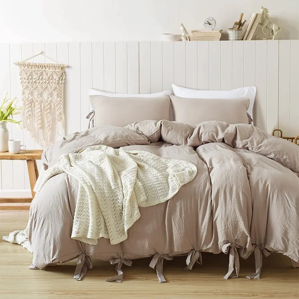 Set selimut penutup Linen lembut yang dicuci Perancis Set tempat tidur pola celup polos