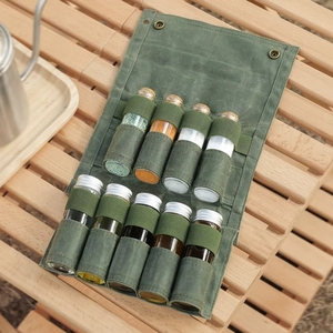 Barbekü Taşınabilir Kamp Baharat Şişesi Saklama Çantası Su Geçirmez Mumlu Kanvas Organizatör Şişelerle Birlikte Açık Hava Baharat Seti - Product Image 1