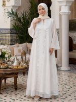 Robe longue de luxe à silhouette ample avec couche extérieure en maille, broderie de feuilles et design avant orné de strass |   Abaya de soirée formelle pour musulmanes