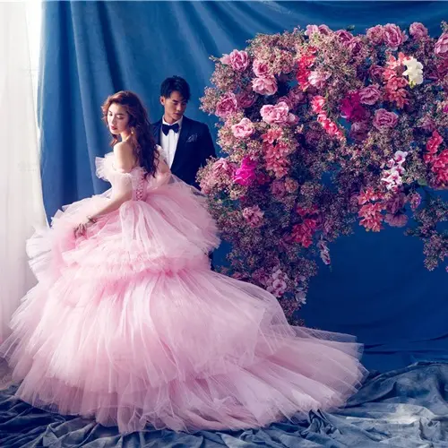 Manufacturer Robe Luxury princess bride Off Shoulder Short Sleeve pink Splice Skirt Princess Ball Gown Wedding Dresses