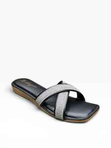 Womens <b>Black</b> Glitter Cross Strap <b>Flat</b> <b>Sandals</b> Open Toe Slip On Casual Party Fashion Footwear for <b>Ladies</b> Open Toe Slip - Product Image 1