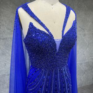 2025 <strong>Blue</strong> Luxury Dubai Beaded Lace Cape Sleeves Mermaid Evening Gown for Women Wedding Party <strong>Dresses</strong> - Product Image 4
