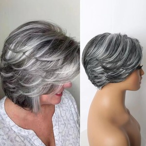 Peluca Corta Rizada Hecha a Máquina con Cabello Humano 100% Real <span class=keywords><strong>para</strong></span> <span class=keywords><strong>Personas</strong></span> <span class=keywords><strong>Mayores</strong></span>, 8 Pulgadas en Gris Oscuro, Gris Claro, Gris Abuela - Product Image 1
