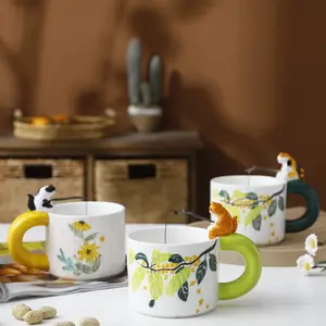 定制手绘3D蛙猫陶瓷咖啡杯，定制可爱动物系列陶瓷儿童礼品杯