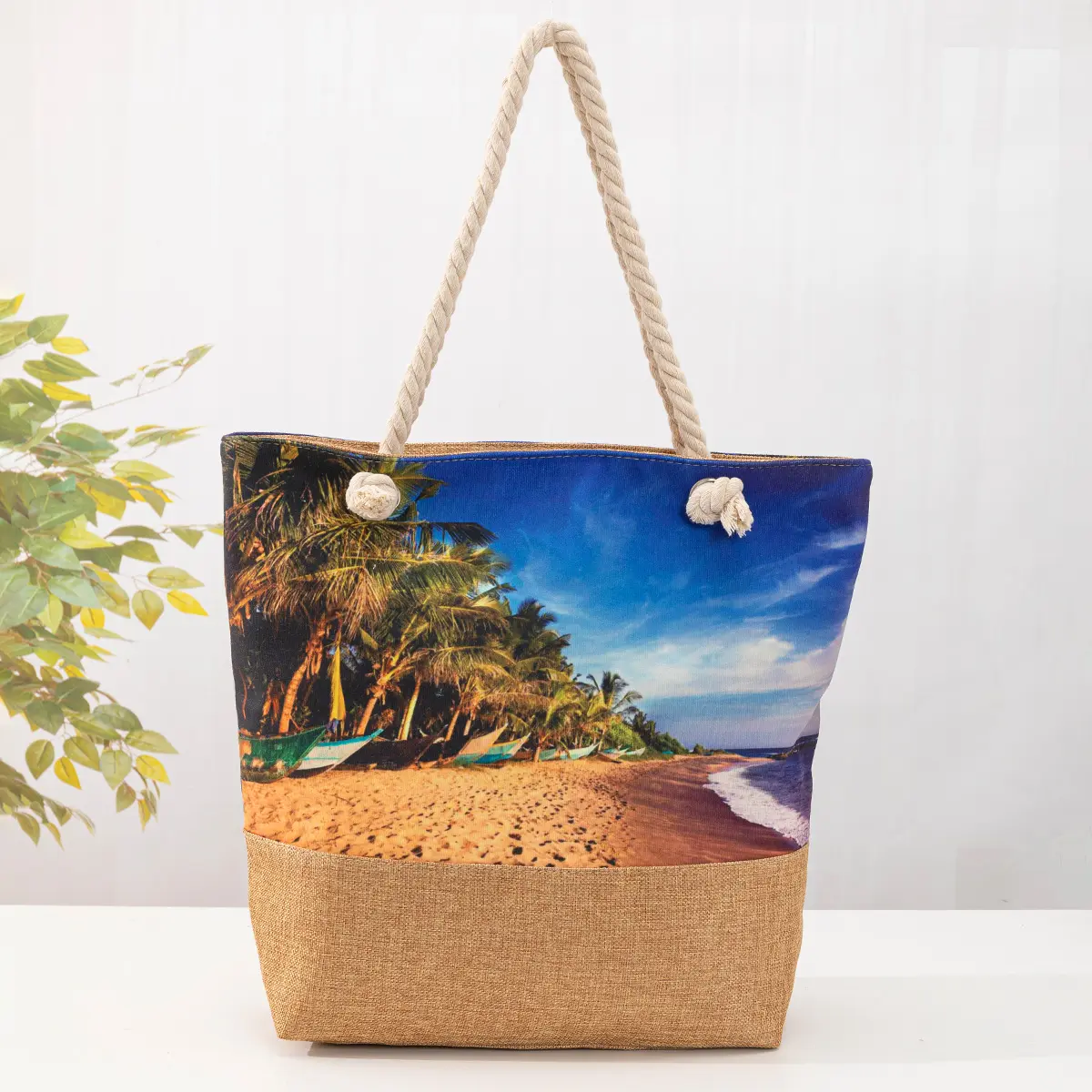 Toptan yeni hindistan cevizi ağacı plaj omuzdan askili çanta büyük kapasiteli tote kanvas çanta moda kadınlar için basit plaj çantası