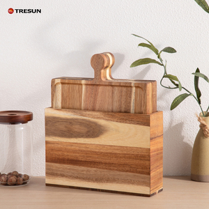 Juego de 4 piezas de madera de acacia pulida y duradera: Base de almacenamiento para platos tipo rompecabezas, bandeja para copas de vino con asa, plato para pizza, tabla de cortar sólida y bandeja para filetes - Product Image 1