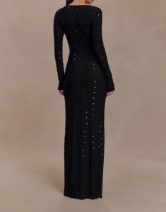 فستان سهرة نسائي مثير من الشبك الشفاف مزين بالأحجار الكريمة حسب الطلب بنقشة البولكا دوت وياقة على شكل V عميقة وأكمام طويلة - Product Image 3