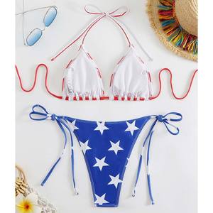 OEM جديد مثير طباعة العلم الصلبة V-neck عارية الظهر ضمادة قطعتين بيكيني ملابس السباحة النساء مخصص شنقا الرقبة - Product Image 4