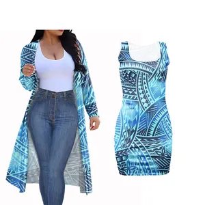 Polynesian Blue Tribal Custom Print Women's 2Piece Clothing Set New Design Lady Outfits 2Pcs Set Long Coat Bodycon Dress