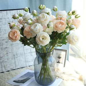 Vente en gros de fleurs artificielles en soie à 3 têtes, roses et pivoines, bouquet de fausses roses pour la décoration de mariage et de la maison - Product Image 1
