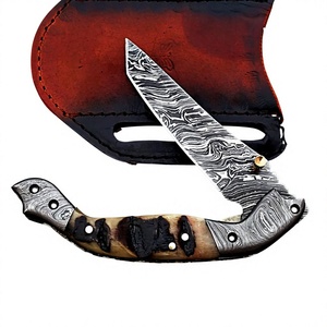 Cuchillo de Caza de Acero de Damasco con Hoja de Punta Caída, Empuñadura de Madera con Perilla, Diseño Artístico, Cuchillo Plegable de 20.8cm con Funda de Cuero - Product Image 1