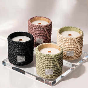 Luxury Woven Rattan Scented Soy Wax <b>Candle</b> With Wood <b>Wick</b> For Modern Boho Decor Wholesale Private Label Premium Realistic Set - Product Image 2