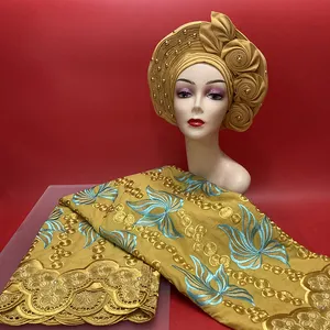 Sinya Produk Baru Katun Indah Swiss Voile Kain Renda dan Manik-manik Batu Auto Gele Aso Oke Headtie