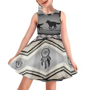 Özel tasarım Tucson şerit kurt şerit kolsuz çocuk elbise fabrika tam baskı hint kabile rüya Catcher kız elbiseler