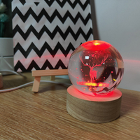 Lampe de base en bois avec éclairage USB, support d'affichage en bois, lampe de nuit en verre de cristal 3D, support d'affichage LED rond en bois pour l'art en verre de cristal 3D