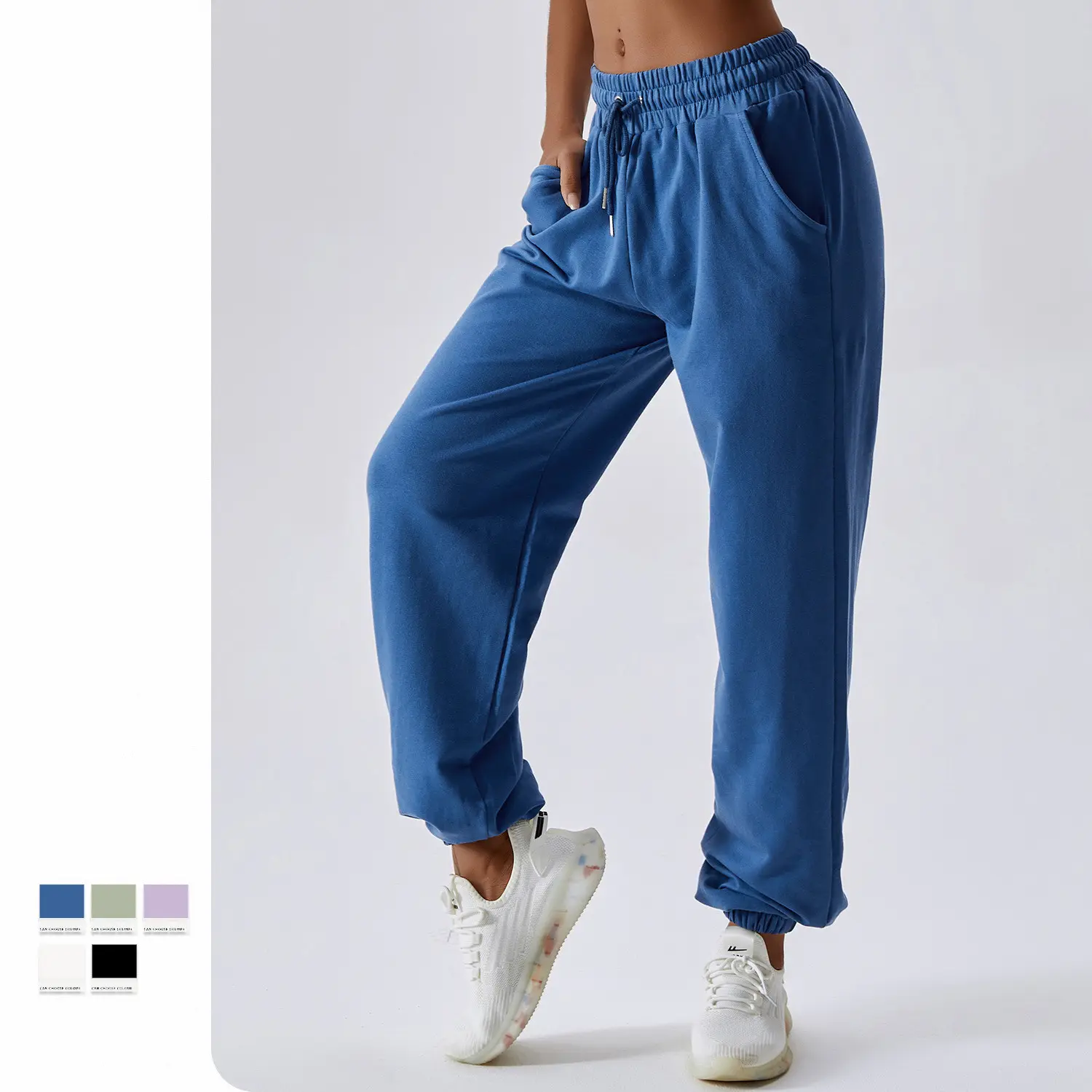 Kadın pantolonları pantolon rahat gevşek elastik yüksek bel spor pantolon düz renk Jog pantolon
