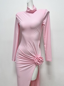 Abito da donna rosa Sexy a maniche lunghe <span class=keywords><strong>con</strong></span> fiori drappeggiato stretto lungo <span class=keywords><strong>con</strong></span> spacco elegante per celebrità abiti Casual da festa <span class=keywords><strong>vestiti</strong></span> da donna - Product Image 5