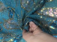 Tissu tissé de broderie de paillettes bleu paon Offre Spéciale avec le transparent métallique pour des accessoires de mariage-OEM robe Textile