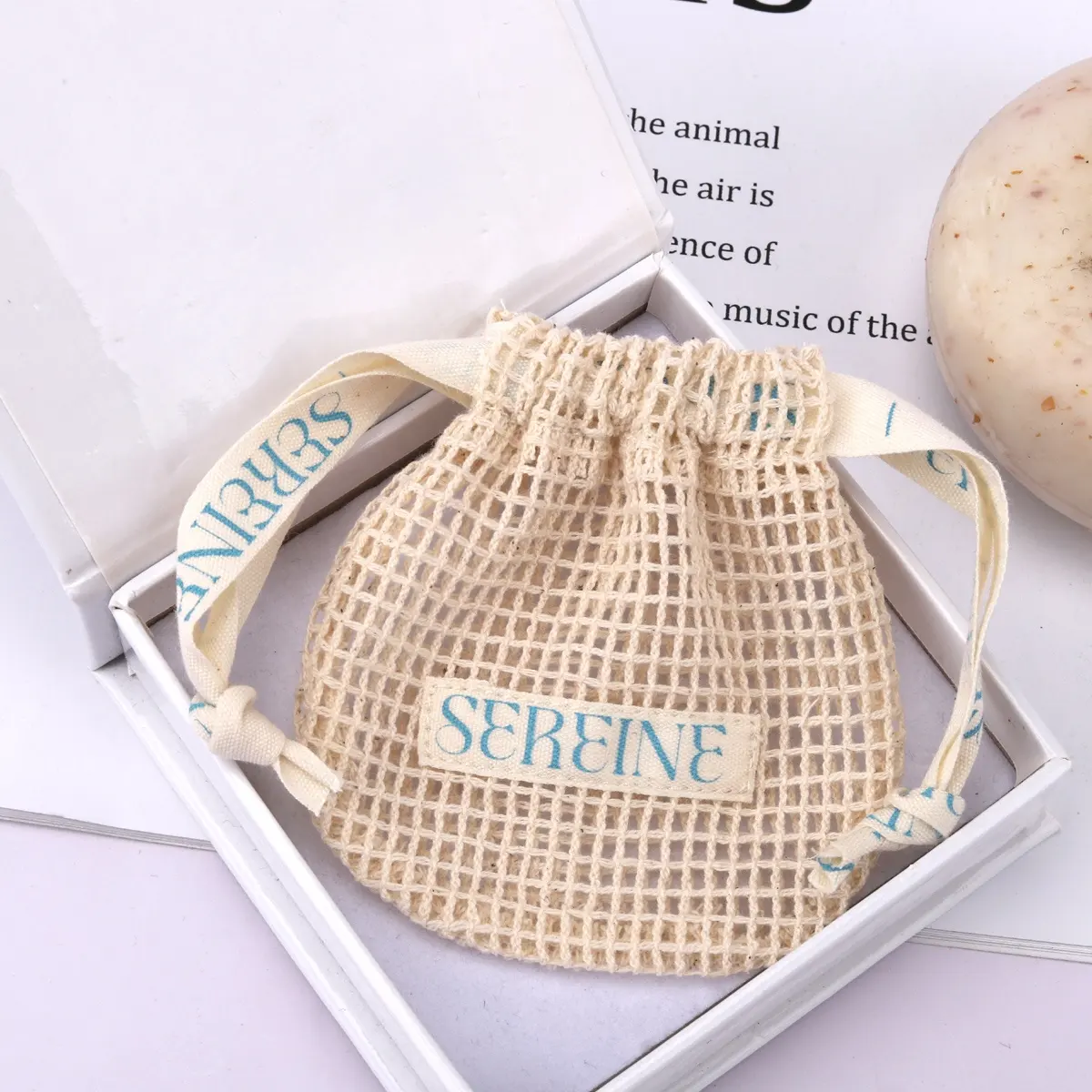 Benutzer definierte Logo-Druck Baumwolle Mesh Kordel zug Tasche für Seife Kleine kosmetische Mesh Seifen tasche