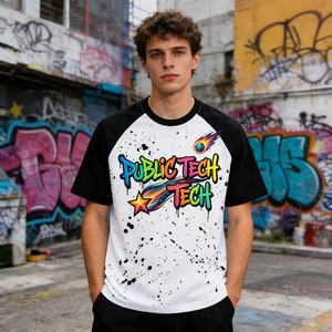 Camiseta de Hombre Personalizada de Lujo, Estilo Urbano, 230GSM, con Bloques de Color, Impresión DTG, Diseño con Tinta Salpicada y Dibujo a Mano - Product Image 3