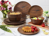 Vente en gros en Chine de services de vaisselle écologiques Service de table Ensemble d'assiettes et bols ronds en bois pour salade de fruits, collation, soupe au riz