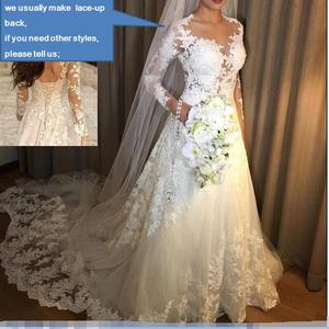 FA181 Vestido de Novia de Encaje con Mangas Largas Ilusión, Vestido de Novia Blanco Marfil, Vestido de Novia Árabe Saudí - Product Image 2