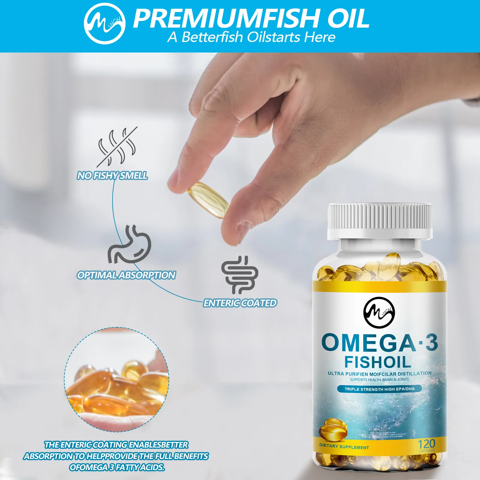 Tambahkan Label pribadi suplemen makanan melindungi hati dan otak kesehatan Omega 3 kapsul minyak ikan 60pcs