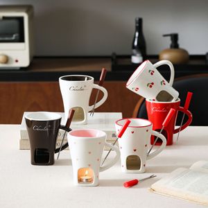 Cute Heart Chocolate Fondue Mug Butter Heating <b>Cup</b> <b>Ceramic</b> Chocolate Melting <b>Cup</b> Set with Fork - Product Image 6