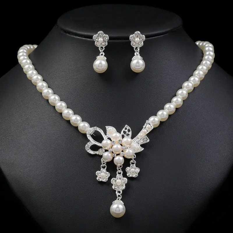 Classic Wedding Bride Flower Pearl Necklace earrings Bracelet Jewelry Sets Three Pieces Pearl Necklace Earrings Bracelet Sets