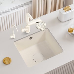 Évier de cuisine sous plan en acier inoxydable nano blanc crème avec rince-verre, évier de bar moderne blanc mat à cuve unique de petite taille - Product Image 1